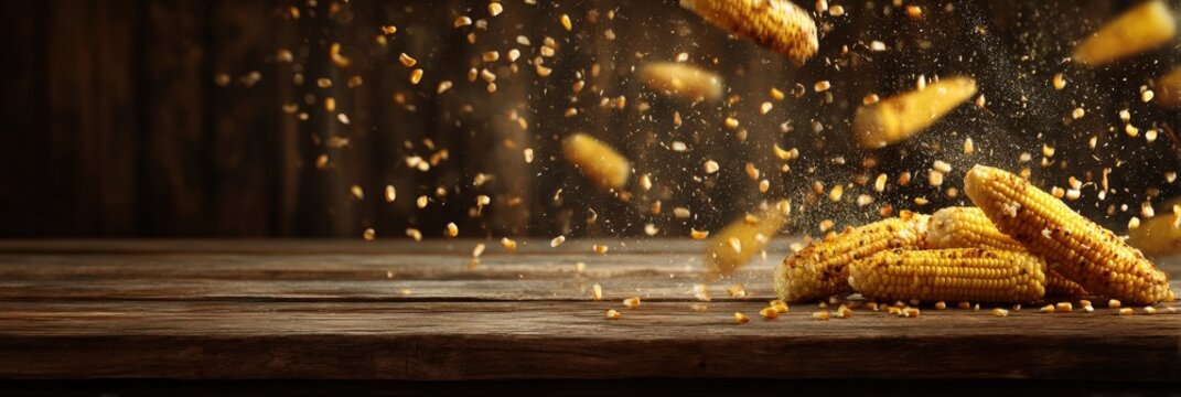 Grilled Corn on the Cob with Flying Kernels on Rustic Wooden Table