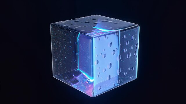 A glowing blue cube with neon lights is displayed on a dark background with technology and science elements visible.