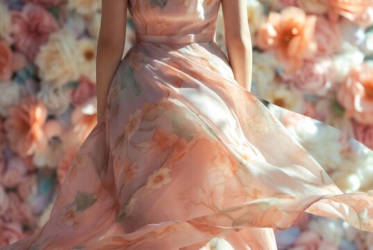 A woman in a flowing floral dress is walking through a field of flowers.