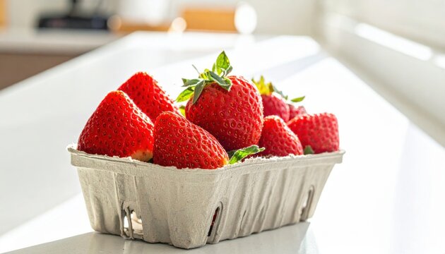 Close up of ripe red strawberries in a punnet ready for consumption showcasing vibrant color and freshness