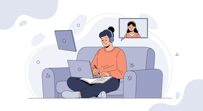 Student learning online, video call with teacher, remote education, studying at home
