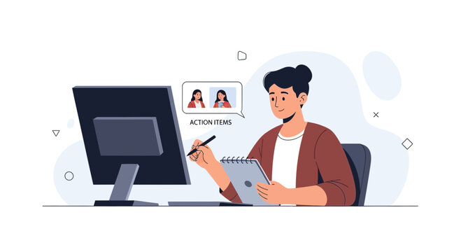 Person taking notes during online meeting, action items on screen