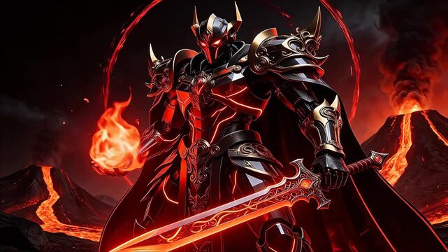 Armored figure with fiery weapon and lava backdrop