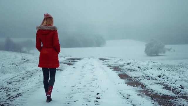 A woman in red walks in winter.