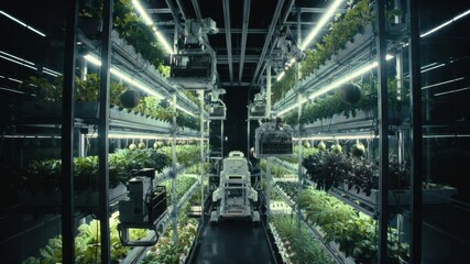 Fototapeta premium Automated Indoor Vertical Farming with Robotics and LED Lighting Technology
