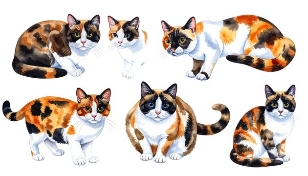 Group of watercolor calico cats in various poses, showcasing a cute animal collection