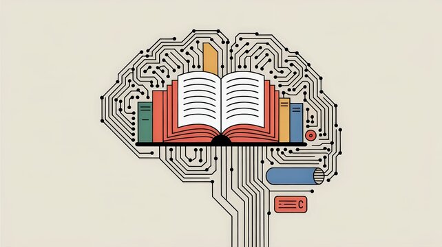 Open book and circuit board forming a human brain symbolizing knowledge and technology integration