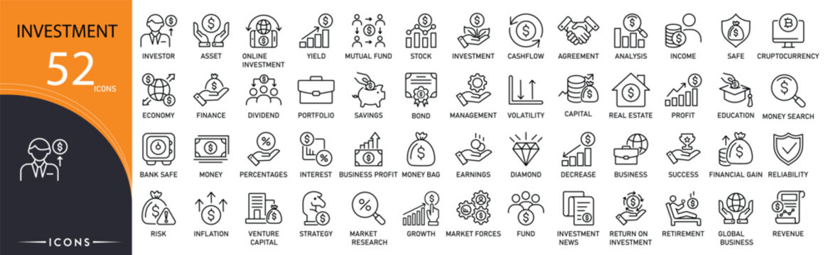 Investment related icon collections. Containing finance, profit, portfolio, stocks, money, growth, risk, funding, capital, savings icons. Outline icons.