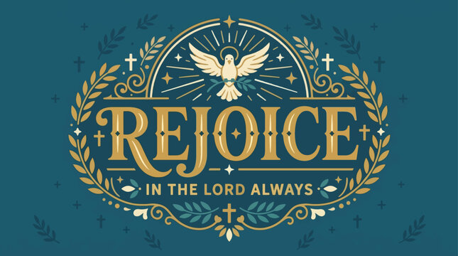 Elegant Rejoice In The Lord Always Christian Religious Vector Illustration with Dove, Laurel Wreath, Crosses, and Decorative Flourishes on Teal Background