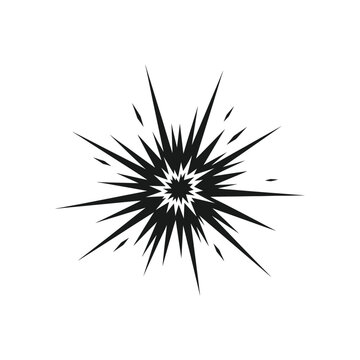 Black starburst explosion radiating outwards on a white background, minimalist graphic vector icon