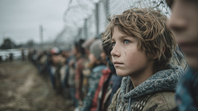 children and families lined up at refugee camp with tents and smoke representing humanitarian crisis