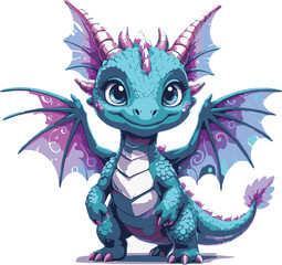 Fototapeta premium tiny magical dragon standing with wings open, friendly cartoon creature mascot, clean adobe illustrator vector illustration, white background 1
