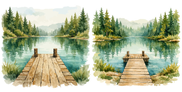 A watercolor collection of forest lakes with wooden docks for nature landscape designs, travel illustrations, cabin decor, and outdoor scenery artwork.