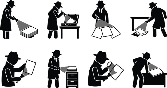 Stick figures illustrating various detective and investigation activities, including searching for clues with flashlights and magnifying glasses.