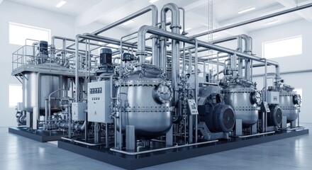 Complex industrial machinery installation in a bright spacious factory.