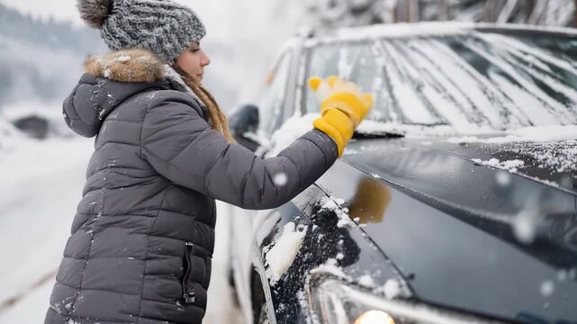 Ultra HD Young woman in winter clothes and yellow gloves clearing heavy snow off the hood and windshield of her black car during a cold winter day in 4K Video 