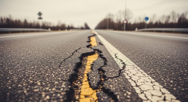 Cracked Road Surface After Earthquake Damage.