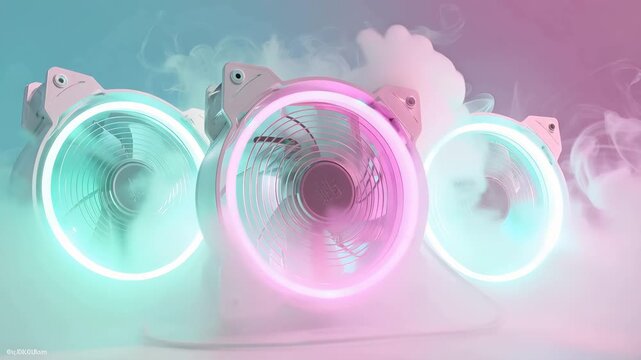 Ultra HD Gaming PC hardware aesthetic shot featuring glowing LED cooling fans with pink and cyan light trails and soft fog for custom build projects 4K Video