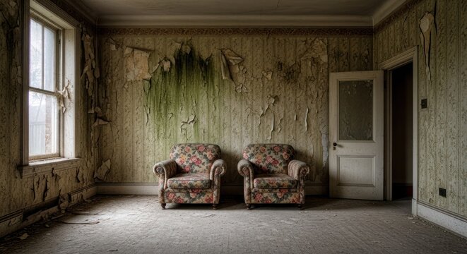 Decaying Room Two Armchairs in Abandoned Space with Peeling Wallpaper.