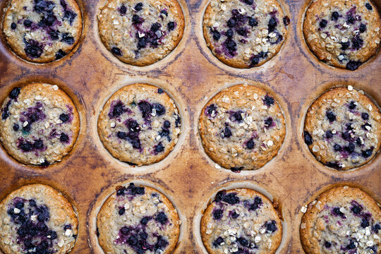 Muffins aux bleuets et &agrave; l'avoine fra&icirc;chement cuits dans un moule rustique