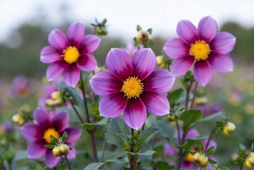 Purple dahlias with yellow centers are blooming in a garden.