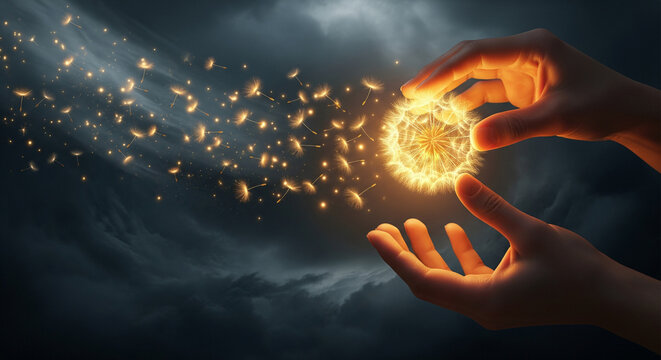Hands gracefully releasing glowing golden dandelion seeds into a dark storm, a visual metaphor for trying without expectation and surrendering control.