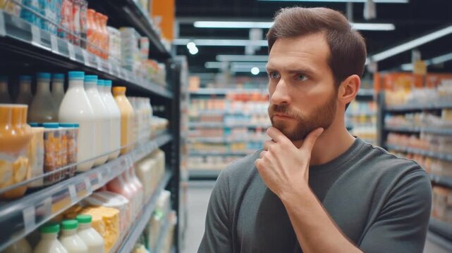 Man thinking in grocery store aisle
