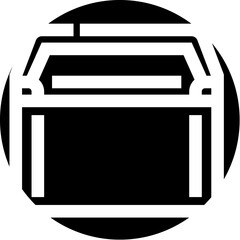 Minimalist icon presenting a graphic illustration of an aerial tramway cabin or gondola moving across a circular background, symbolizing travel, transportation, and mountain activities © vectorwin