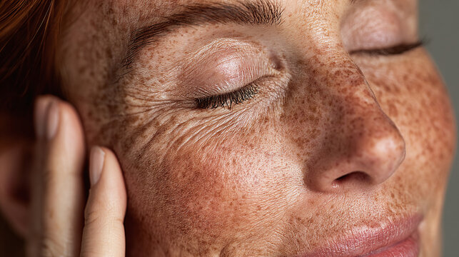 close up portrait of woman with freckled skin and closed eyes touching cheek for natural beauty concept