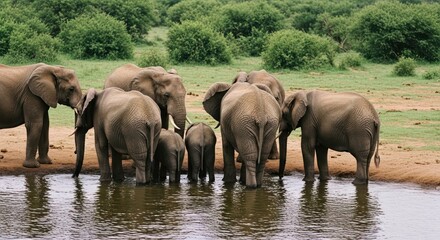 Fototapeta premium Elephant family gathering at a watering hole in the African savanna.