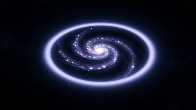 A beautifully rendered spiral galaxy encased in a vibrant energy ring