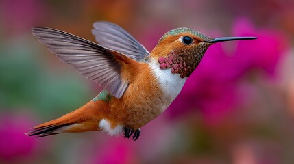 Fototapeta premium Ruby-Throated Hummingbird in Flight: Vibrant Feathers and Floral Backdrop