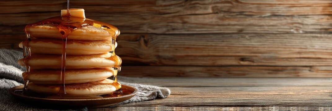 Stack of Delicious Pancakes with Maple Syrup and Butter on Wood
