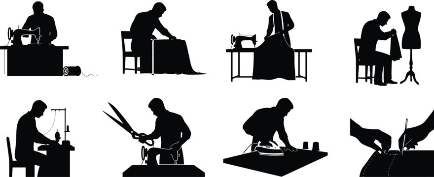 Tailor and sewing workshop silhouette set featuring fashion designer stitching fabric, cutting cloth, ironing garments and tailoring clothes in professional textile studio.
