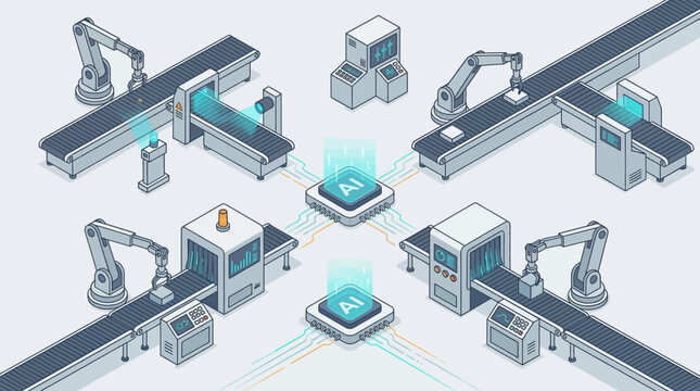 Industrial robots working on production line.