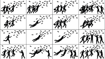 Fototapeta premium Set of 16 black vector icons depicting people running, jumping, and reaching for flying objects, symbolizing pursuit and achievement.
