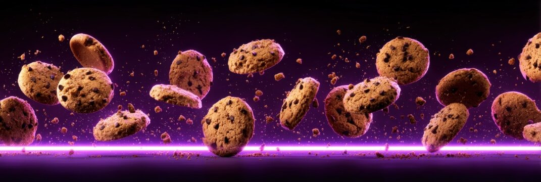 Levitating Chocolate Chip Cookies with Neon Glow Wide Banner