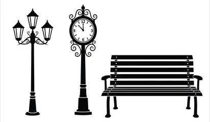 Black silhouette icons of a vintage street lamp, a classic ornate clock, and a wooden park bench