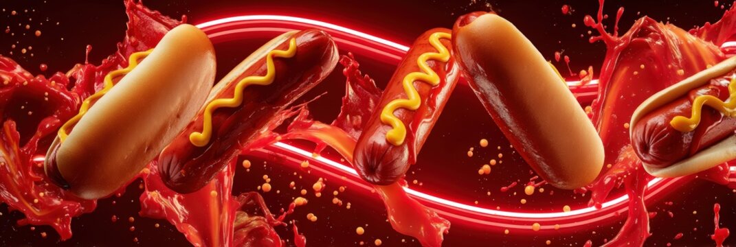Dynamic Flying Hot Dogs with Ketchup Splash and Mustard on Red