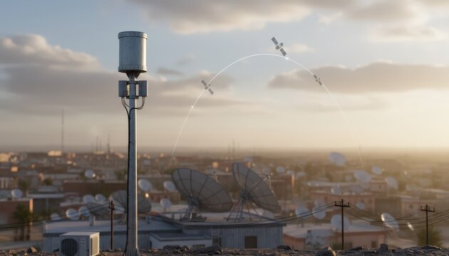 Monopole antenna clearly highlighted with an outoffocus cityscape behind showcasing use of satellite links for 5G backhaul where fiber infrastructure is absent.