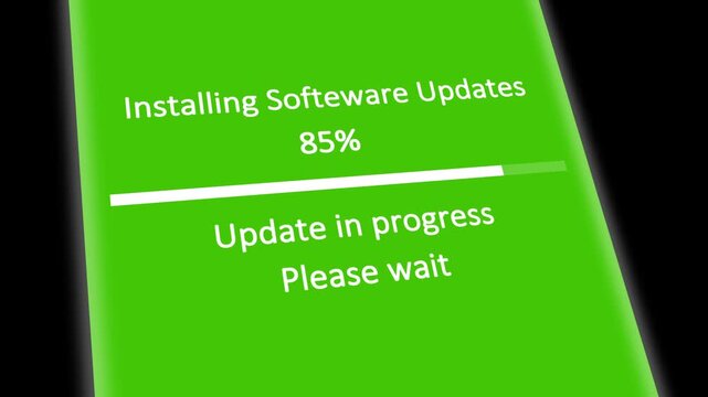 Software update in process animation. Blue smart phone screen with installing system updates progress bar on black background.