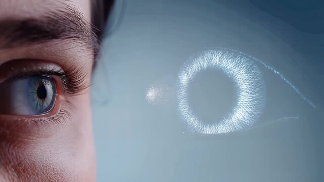 A person observes a glowing eye-like structure with their blue eye in a futuristic setting.