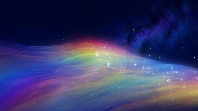 Colorful cosmic space background with stars, nebulae, and a vibrant rainbow effect