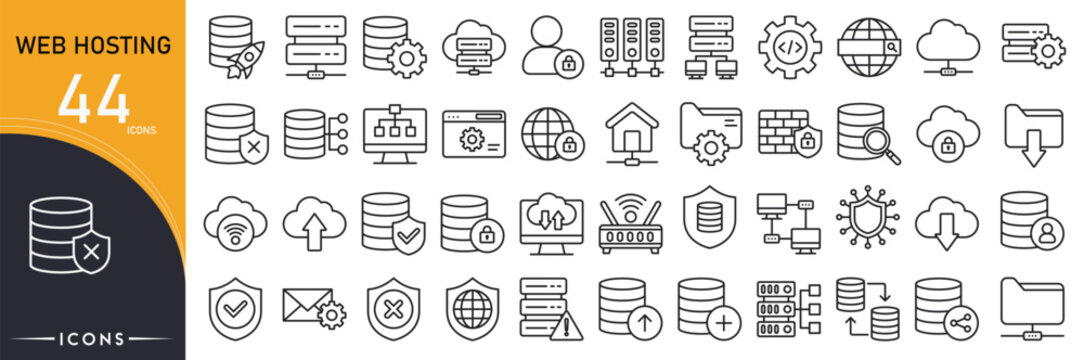Web hosting related icon collections. Containing server, cloud, domain, website, data center, uptime, bandwidth, storage, hosting plan, and security icons. Outline icons.