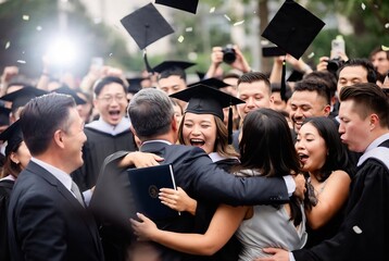 Obraz premium Graduates celebrating with loved ones at a graduation ceremony.