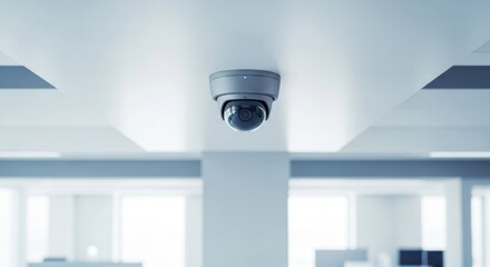 Security camera mounted on a white ceiling in an office.