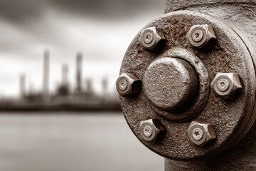 Close up shot on rusty industrial flange with bolts, with blurry oil refinery on background, heavy industry structure showing rust and oxidation processes over time.