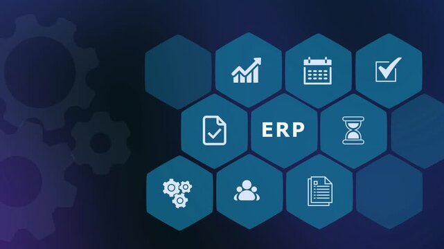  Integrated ERP system and business resource planning concept with glowing management and logistics icons.