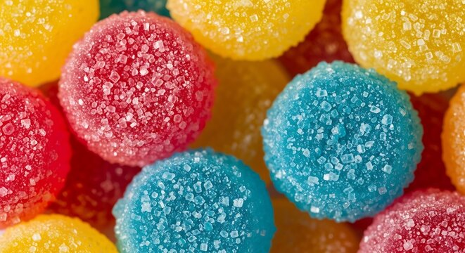Close-up view of vibrant, sugar-coated gummy candies in various colors like red, yellow, and blue, showcasing their textured surface.