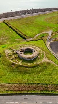 Detailed Drone Flyover of Carn Liath Broch Showing Drystone Construction and Circular Architecture, Ancient Pictish Fortification in Northern Scotland